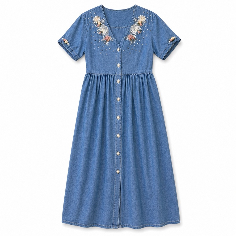 Vtg 80s Denim Cottagecore Prairie Midi Dress‎ Spot Light Pearl Embroidery Granny